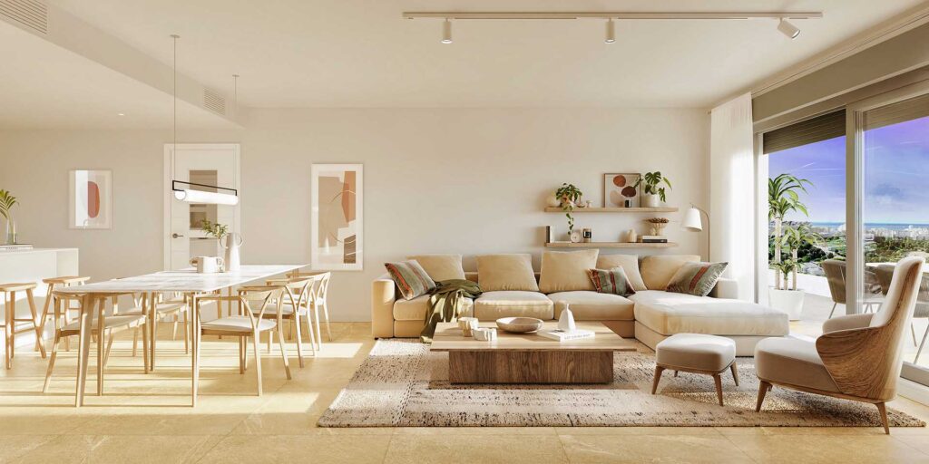 Salón contemporáneo de la promoción Las Mesas Collection, en Estepona (Málaga) .