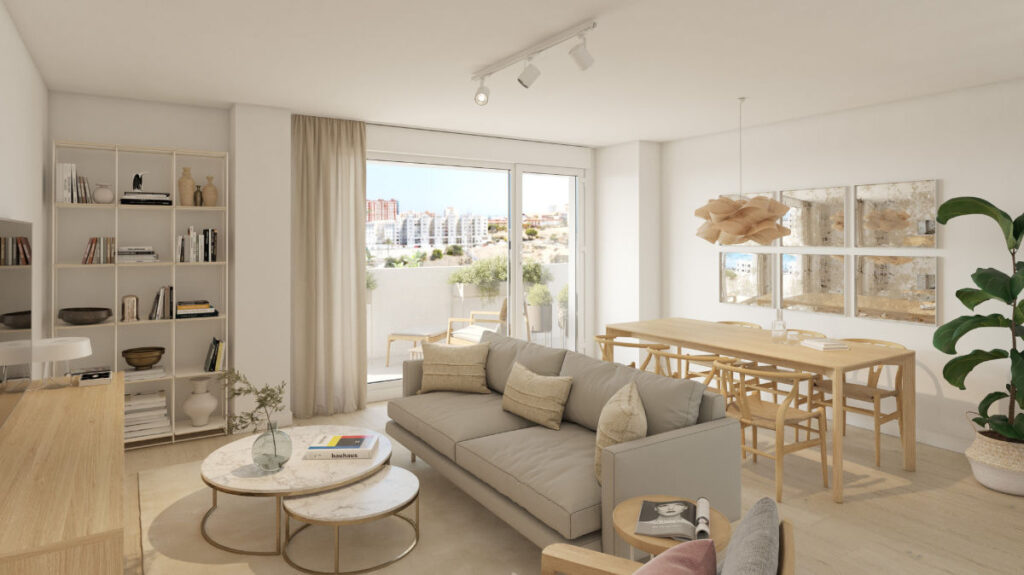 Salón moderno y luminoso con una superficie útil amplia en una vivienda de la promoción Pintor Felo Monzón.